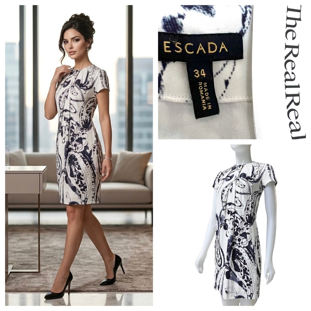 Escada Devenda Shift Dress Sz 4 Off-White Paisley Art‎ to Wear Chic Office Siren